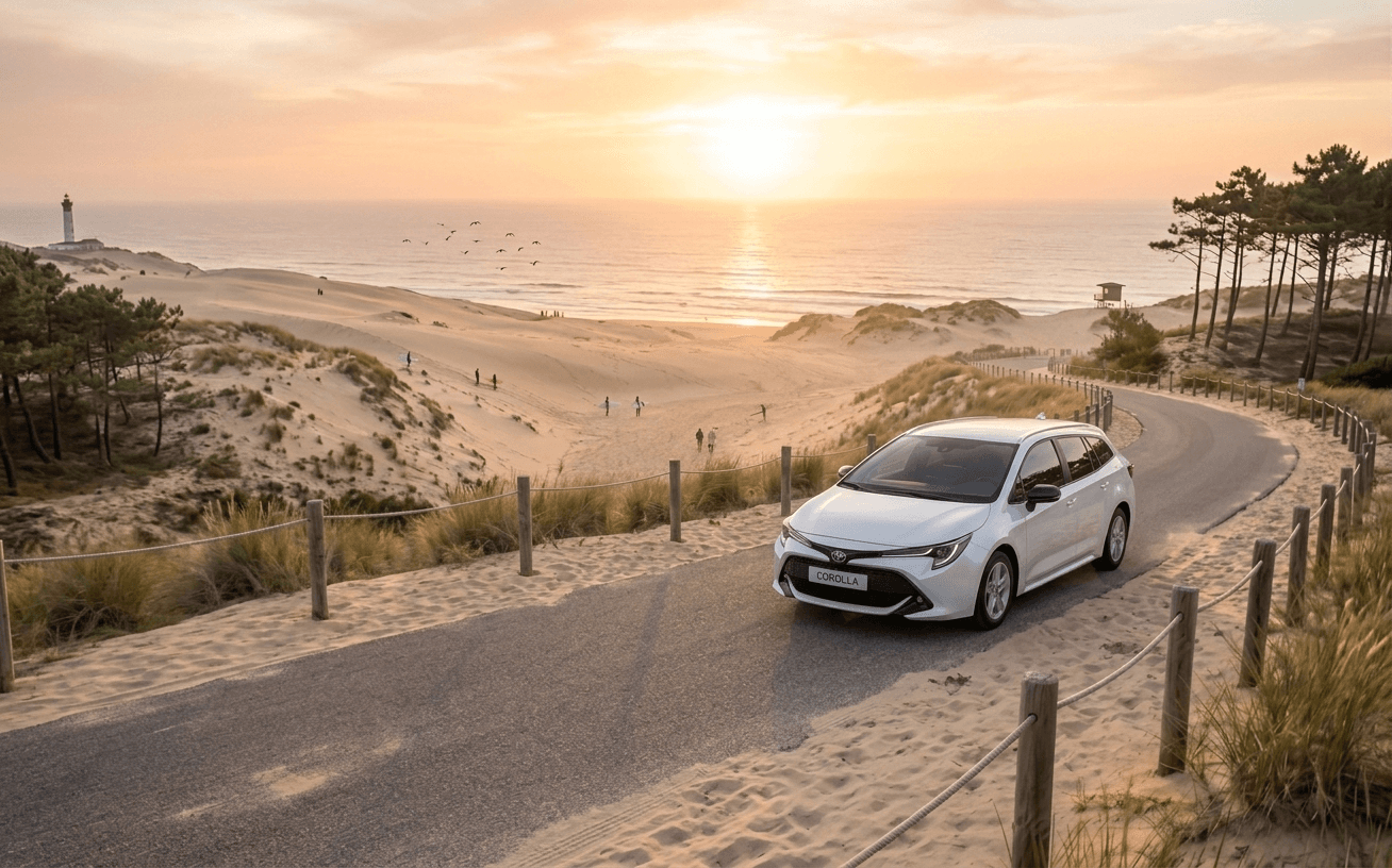 Toyota Corolla sur une route de la côte landaise au coucher du soleil